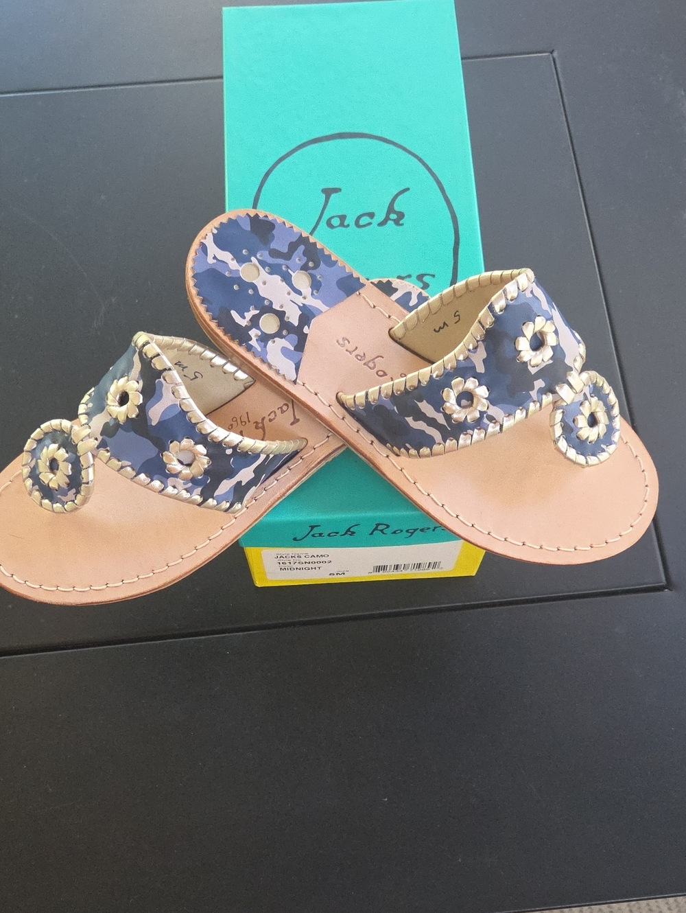 Jack Rogers Midnight Leather Sandals with Floral Rosettes